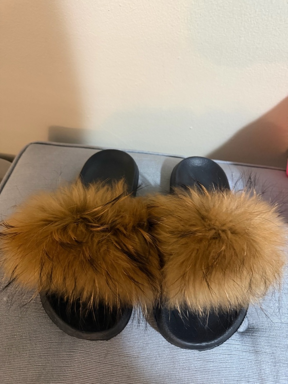 Fox Fur Slide Sandals in Cognac Brown